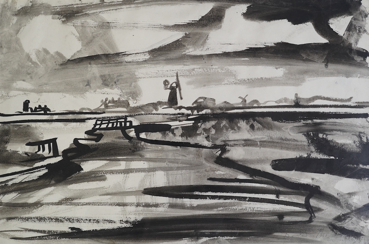 David Smith (British, 1930-1999), 'Burgh Castle Mill, Norfolk', ink on paper, 38 x 57cm